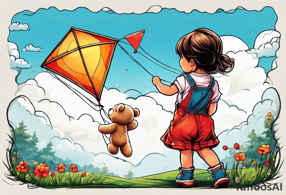 back image of a little girl flying a kite and a teddy bear who is wearing overalls, standing beside her tattoo idea