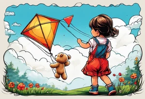 back image of a little girl flying a kite and a teddy bear who is wearing overalls, standing beside her tattoo idea