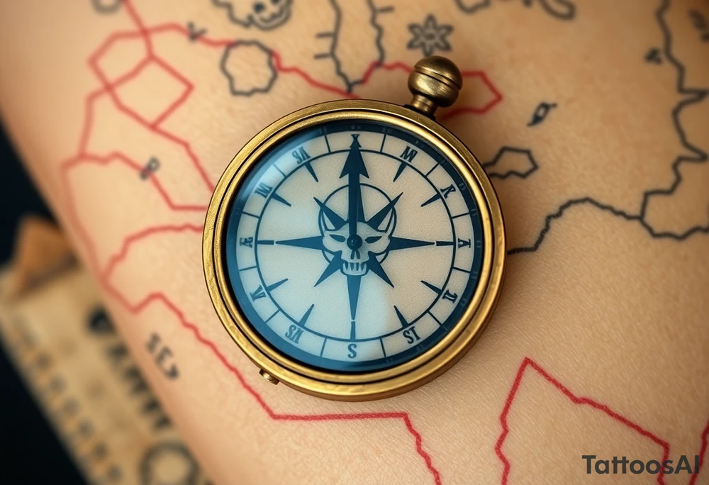 The Lone Compass – An antique brass compass with a cracked glass cover, resting on a weathered map with faded red markings. The north arrow is twisted, pointing toward an ominous skull island in the distance. tattoo idea