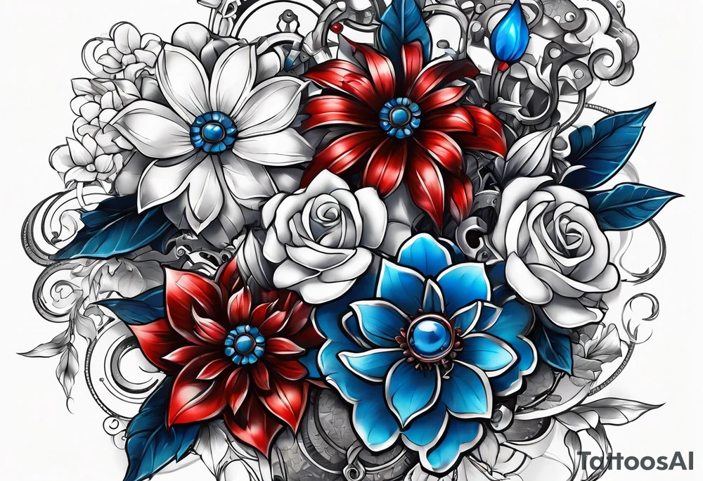 Mechanical flowers with blue and red accents tattoo idea