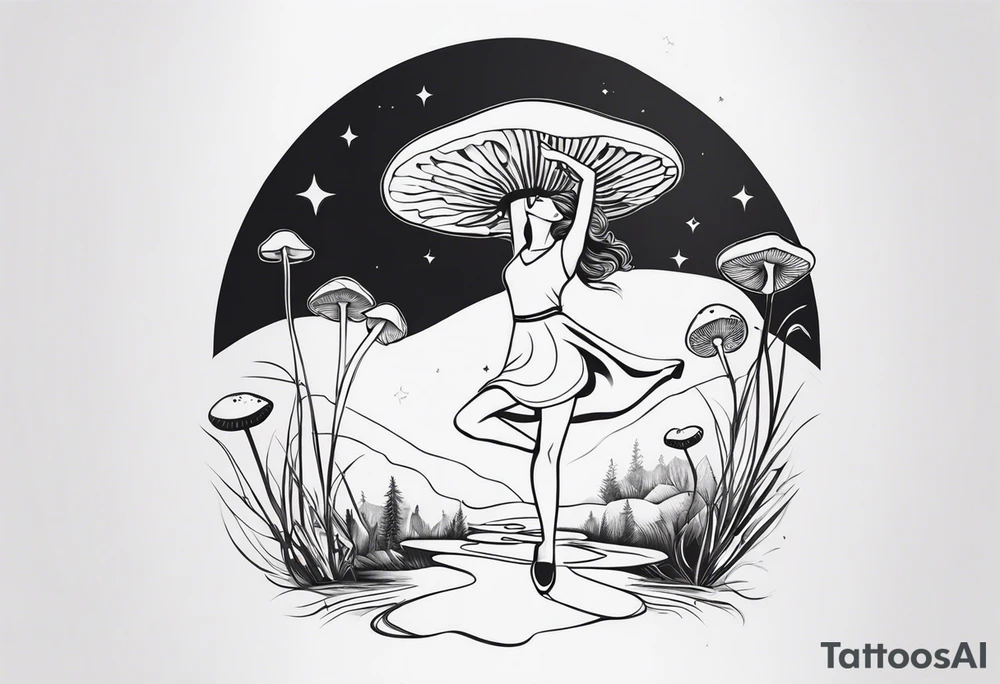 woman dancing around a mushroom tattoo idea