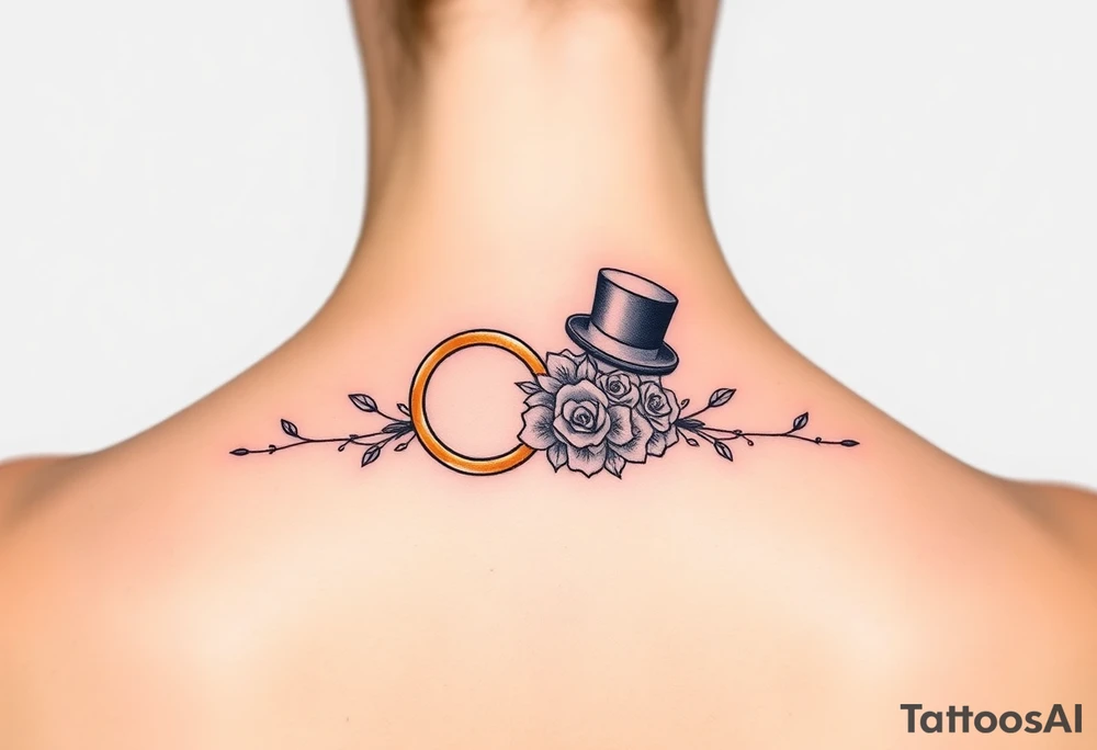 two golden wedding rings with top hat and wedding bouquet tattoo idea