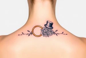 two golden wedding rings with top hat and wedding bouquet tattoo idea