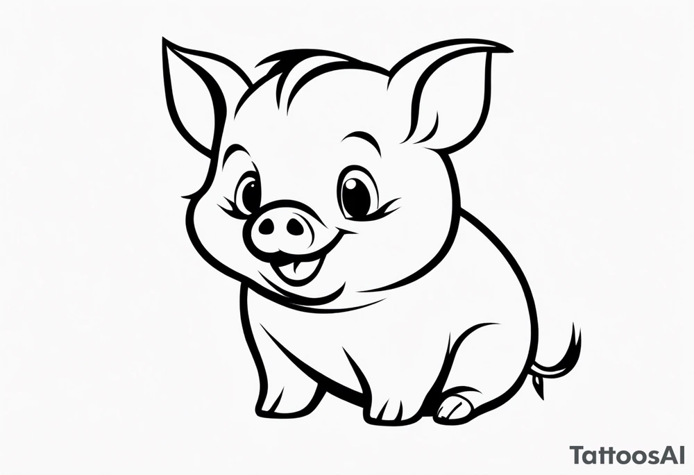 very cute chubby happy piglet.
outline only.
black and white only.
only show the piglet. no extra lines or decoration.
no black shading.
dont make the ears too big.
draw very thin lines tattoo idea