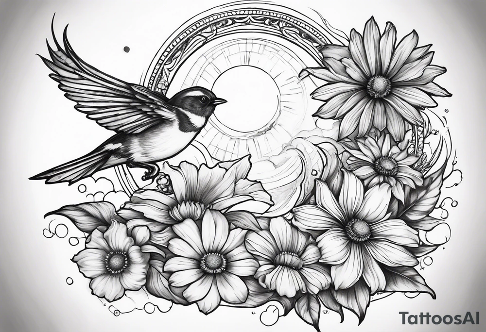 spiritual neck sleeve with a flying sparrow on side of neck with cosmos flower and a daisy flower and an iris flower, with stairs leading up to light and sunrays, ohm symbol about consciousness and transcendence tattoo idea