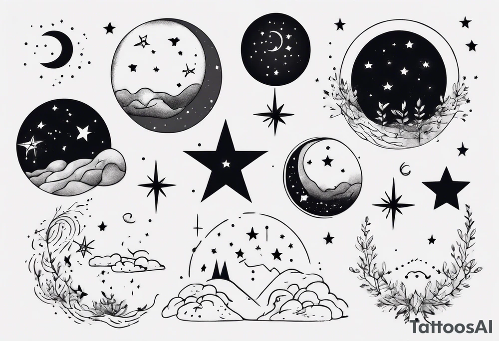 Night sky with moon and stars and constellations tattoo idea