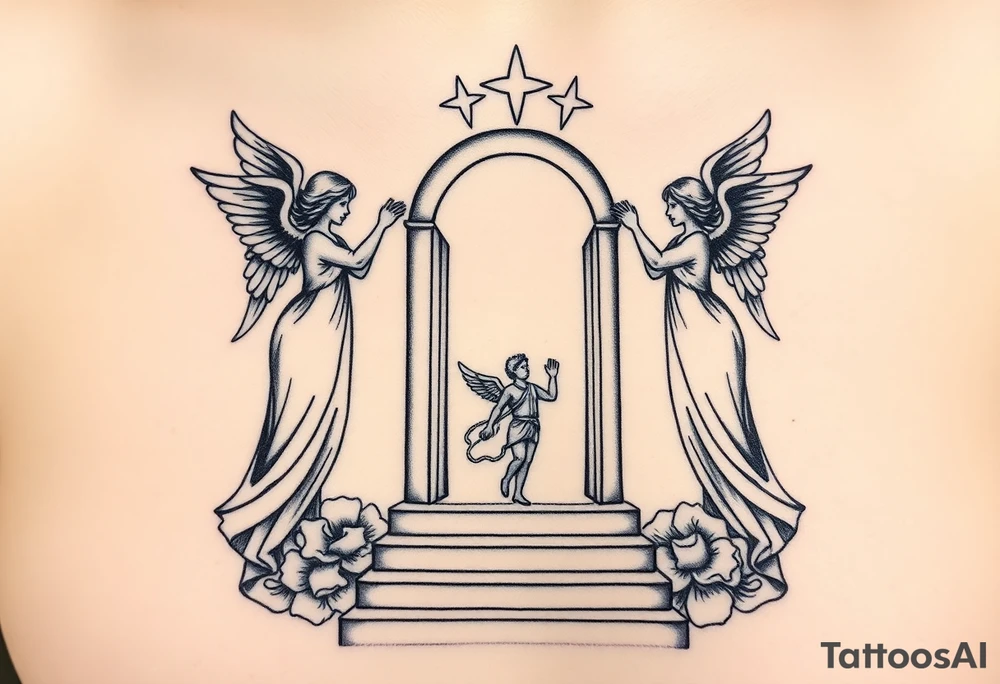 3 angels holding open the gates of heaven with the male figure walking up the steps.Saying fly high baby boy Realistic angels tattoo idea