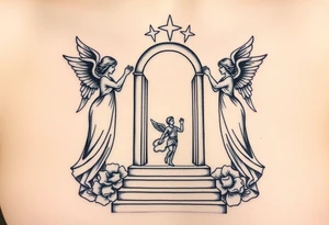 3 angels holding open the gates of heaven with the male figure walking up the steps.Saying fly high baby boy Realistic angels tattoo idea