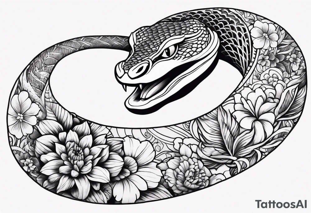 Japanese forearm snake and flower sleeve stencil tattoo idea