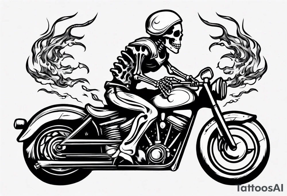 A skeleton riding a motorcycle with flames front view tattoo idea A skeleton riding a motorcycle with flames front view tattoo idea