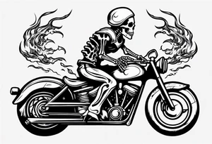 A skeleton riding a motorcycle with flames front view tattoo idea