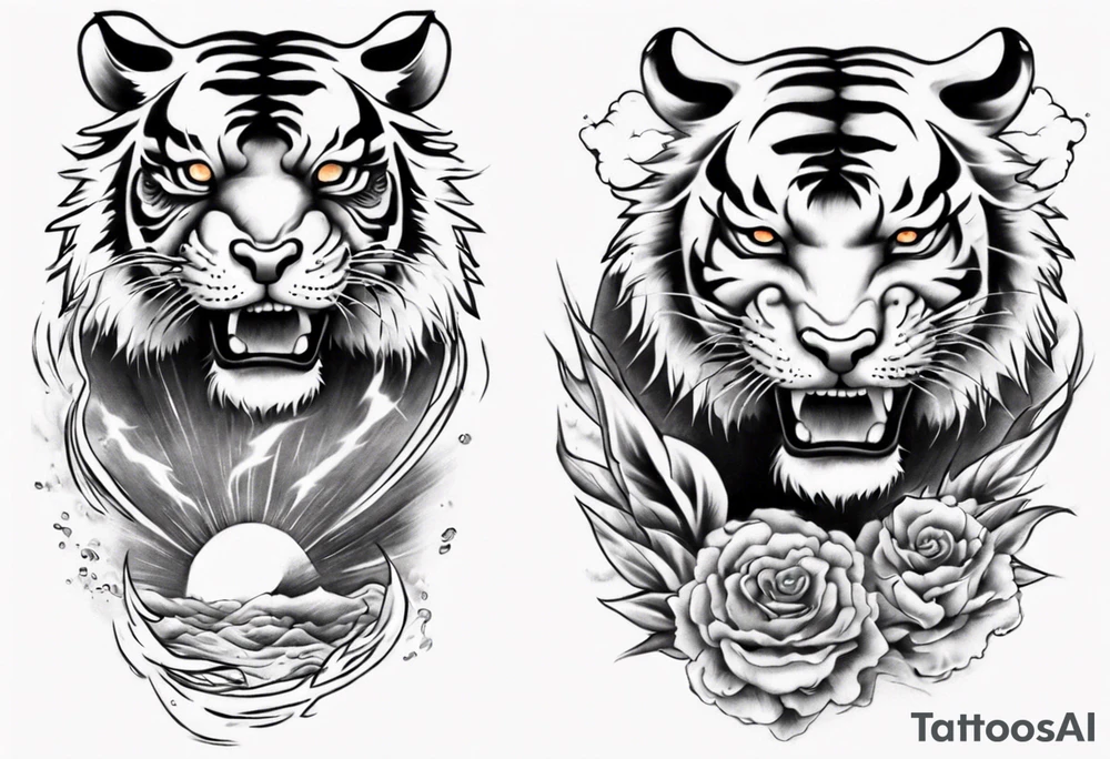 Tiger sleeve tattoo with lightning and the sun tattoo idea