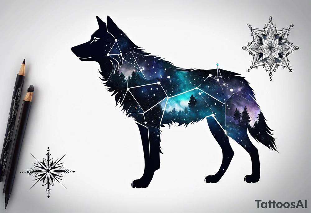 Constellation, two animal wolf, géométric, snowflake tattoo idea