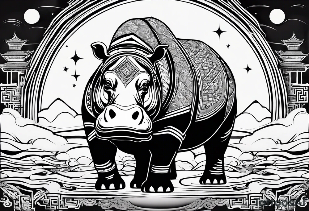 Asymmetrical, geometric, chinese ink art touch, hippo , full moon, tribal tattoo idea