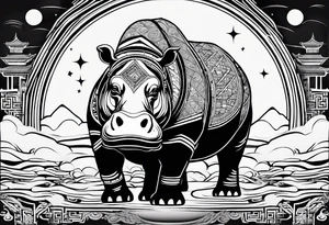 Asymmetrical, geometric, chinese ink art touch, hippo , full moon, tribal tattoo idea