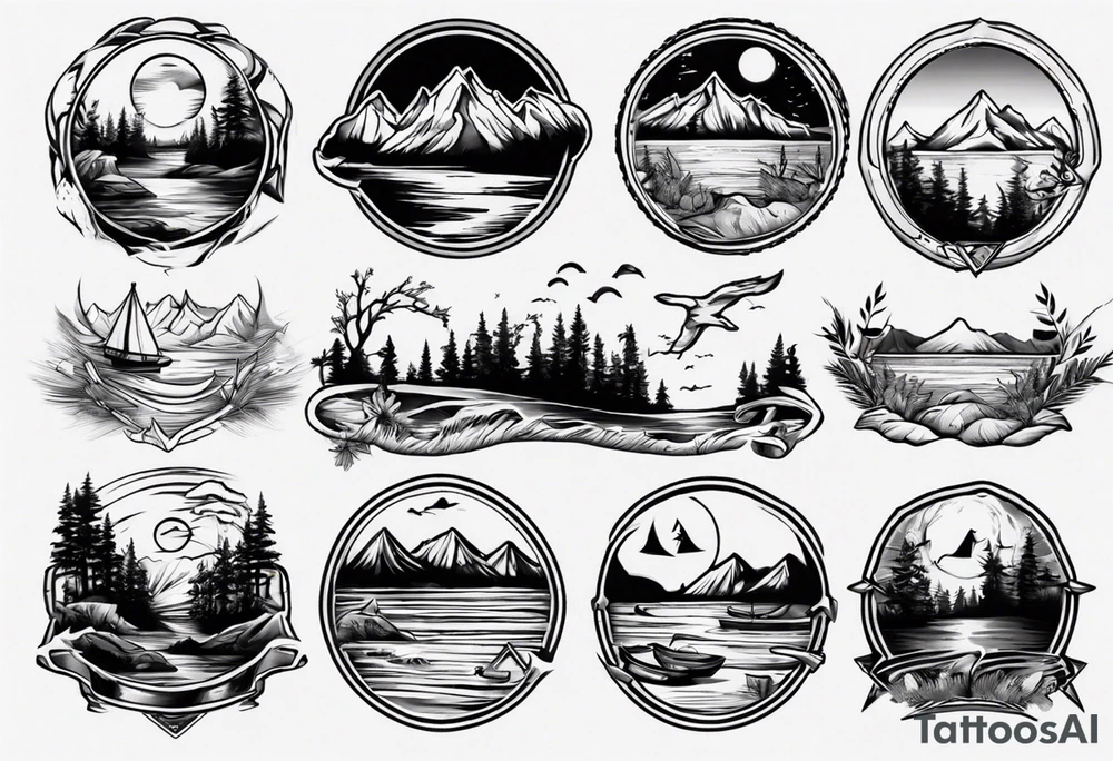 portrait tattoo with mountains, beach, waves, sunset, camping, trees tattoo idea