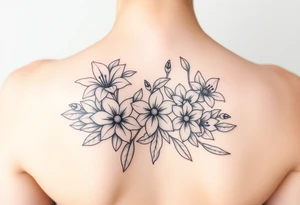 lilies, cherry blossoms and daffodils with some leaves in a circular formation tattoo idea