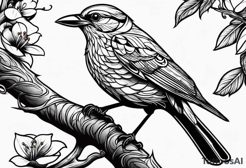 Bird powerfully looking while on a branch tattoo idea