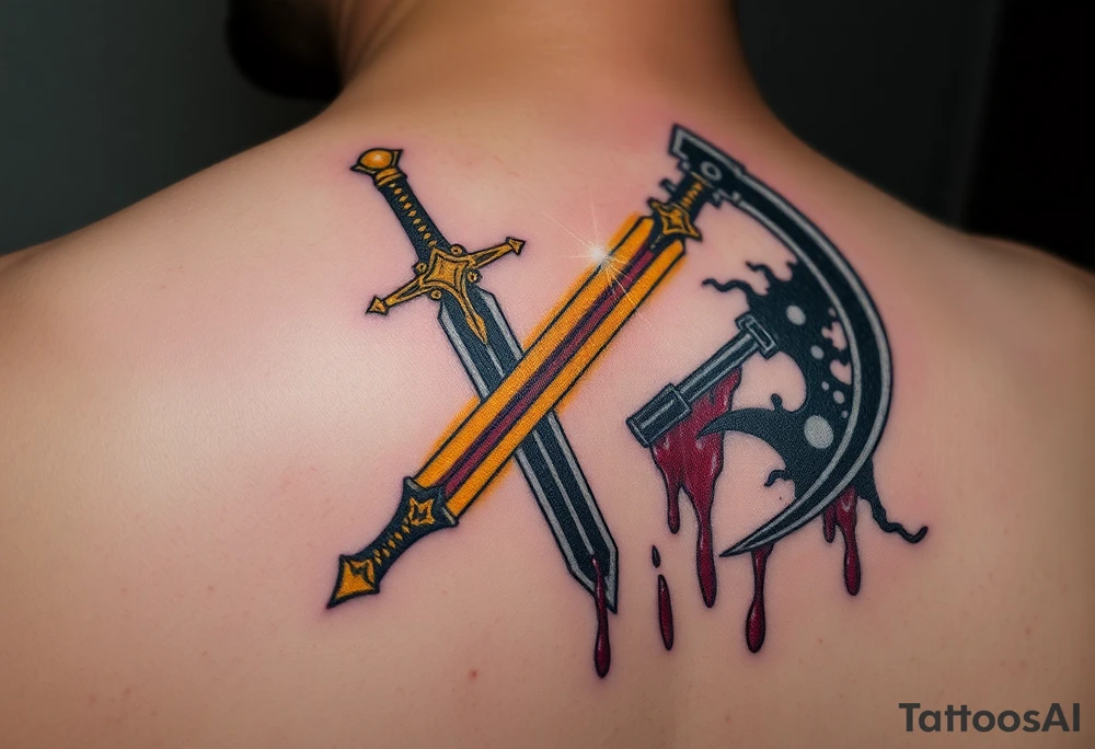 A brilliant sword with a golden hilt, sparkling with rays of light, clashing against a dark, menacing scythe, dripping with black mist and dark crimson blood, creating a dynamic contrast between hope and despair tattoo idea