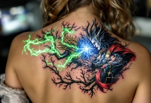 Thor’s epic battle against Hela, green energy clashing with his blue lightning, in a cinematic full-color piece. tattoo idea