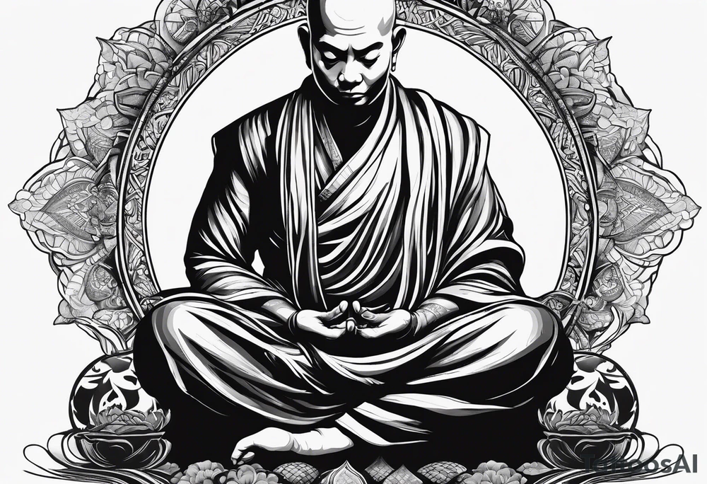 Monk head facing down seriously meditating while doing namaste hand full body tattoo idea