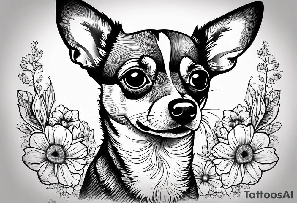 Portrait of short haired tan deer head chihuahua-corgi mix dog with paw print and phrase “loving you changed my life, losing you did the same.” tattoo idea