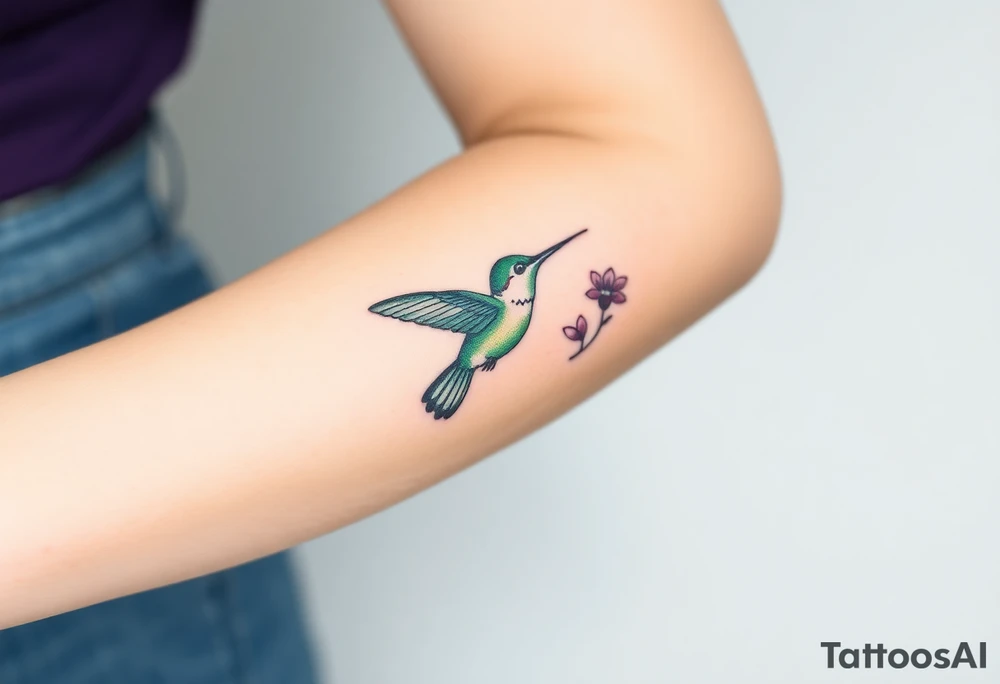 A hummingbird in iridescent green and blue shades, hovering near a blossoming flower, embodying endurance and positivity tattoo idea