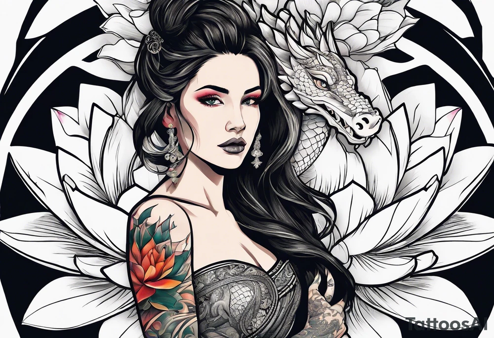 A woman with a dragon tattoo on her arm, holding a lotus flower, 16:9 tattoo idea