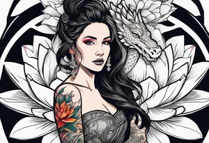 A woman with a dragon tattoo on her arm, holding a lotus flower, 16:9 tattoo idea