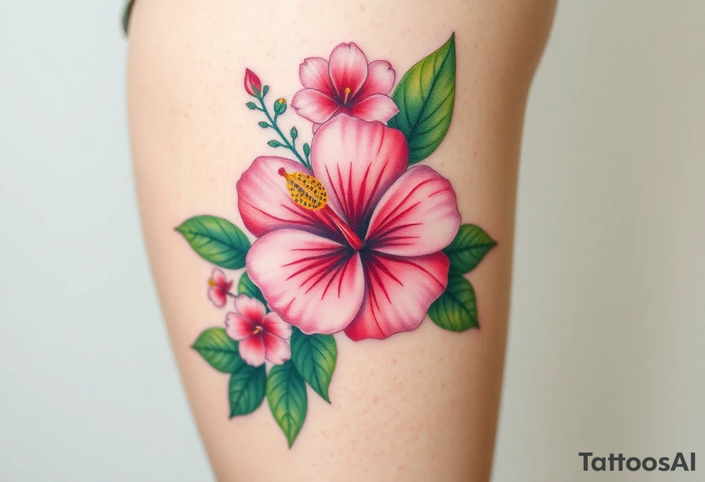 Beautiful Hibiscus flowers with leaves and other flowers tattoo idea