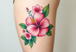 Beautiful Hibiscus flowers with leaves and other flowers tattoo idea