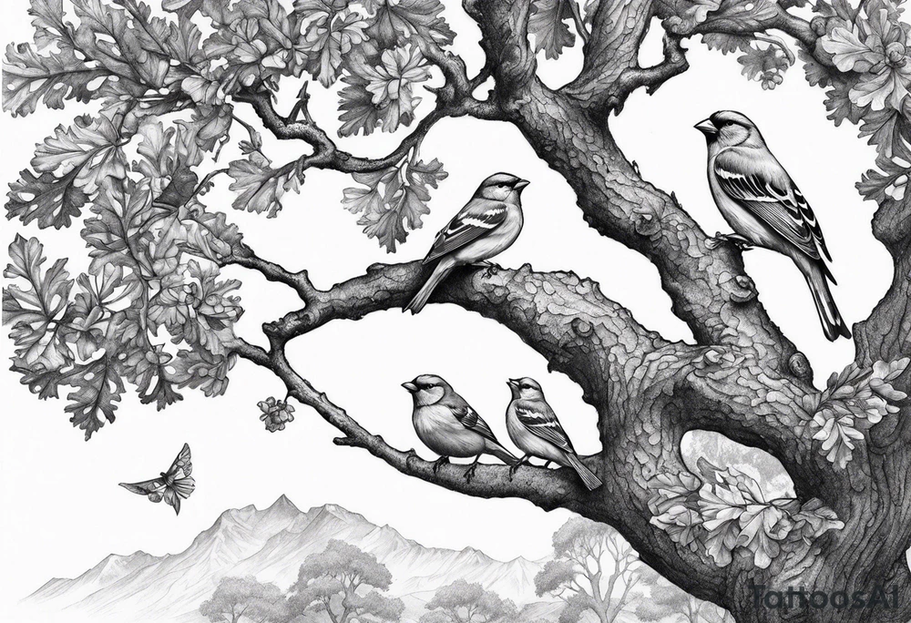 oak tree with finch birds tattoo idea