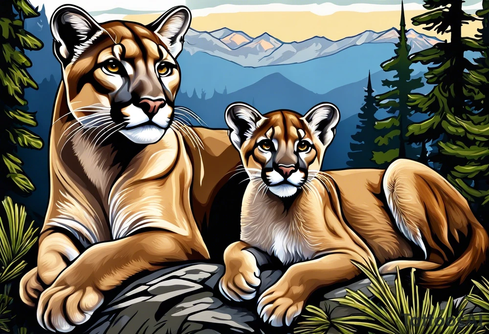 Mother mountain lion with 2 cubs tattoo idea