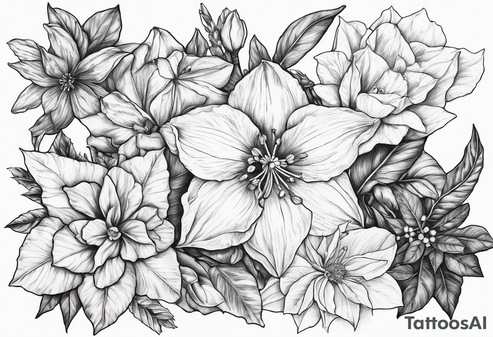 Narcissus, Poinsettia, Holly, Gladiolus, Poppy, Daisy, Sweet Pea tattoo idea
