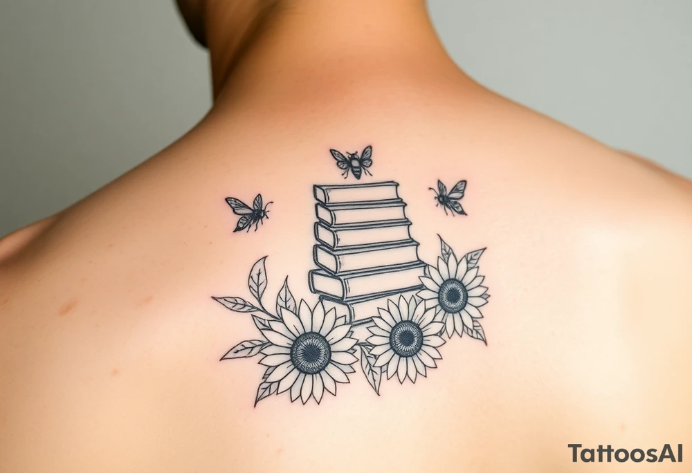 A stack of books surround by sunflowers and bees tattoo idea