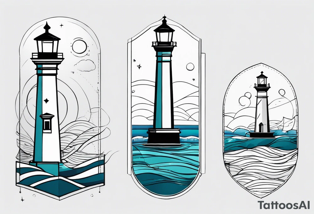 farol em mar agitado, linhas bem finas e geométricas e desenho com moldura redonda tattoo idea