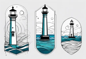 farol em mar agitado, linhas bem finas e geométricas e desenho com moldura redonda tattoo idea