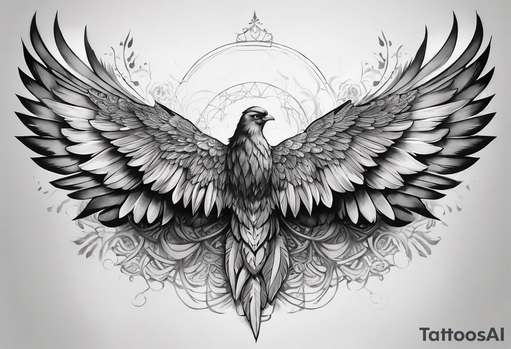 wings extending from the shoulders, covering the upper arms and upper back. The feathers are intricately detailed, with soft shading in black and gray to create depth and texture. The wings gently converge in the middle of the back, forming a harmonious and cohesive design. tattoo idea