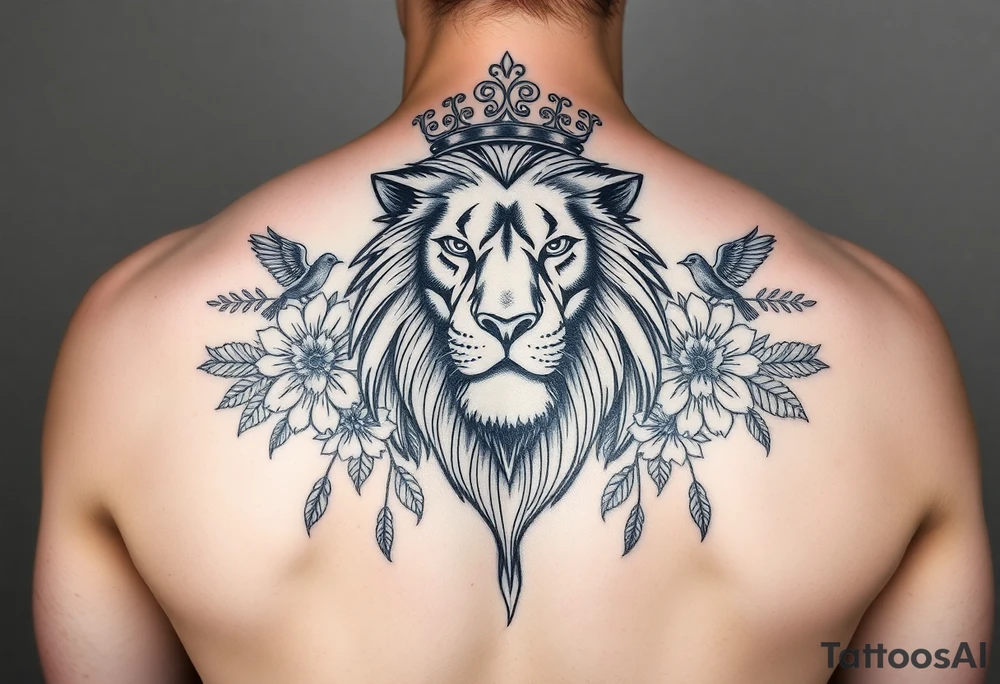 powerful majestic lion with a crown, surrounded by floral ornaments and birds tattoo idea