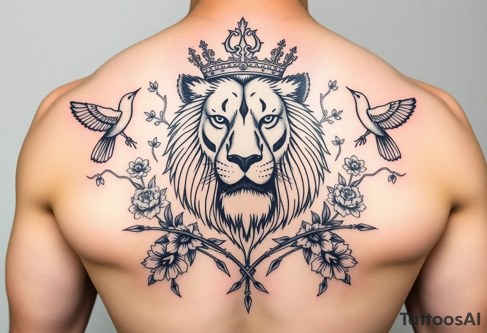 powerful majestic lion with a crown, surrounded by thorns  and floral ornaments and birds tattoo idea