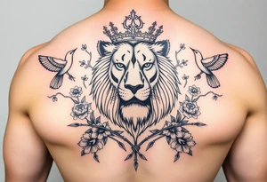 powerful majestic lion with a crown, surrounded by thorns  and floral ornaments and birds tattoo idea