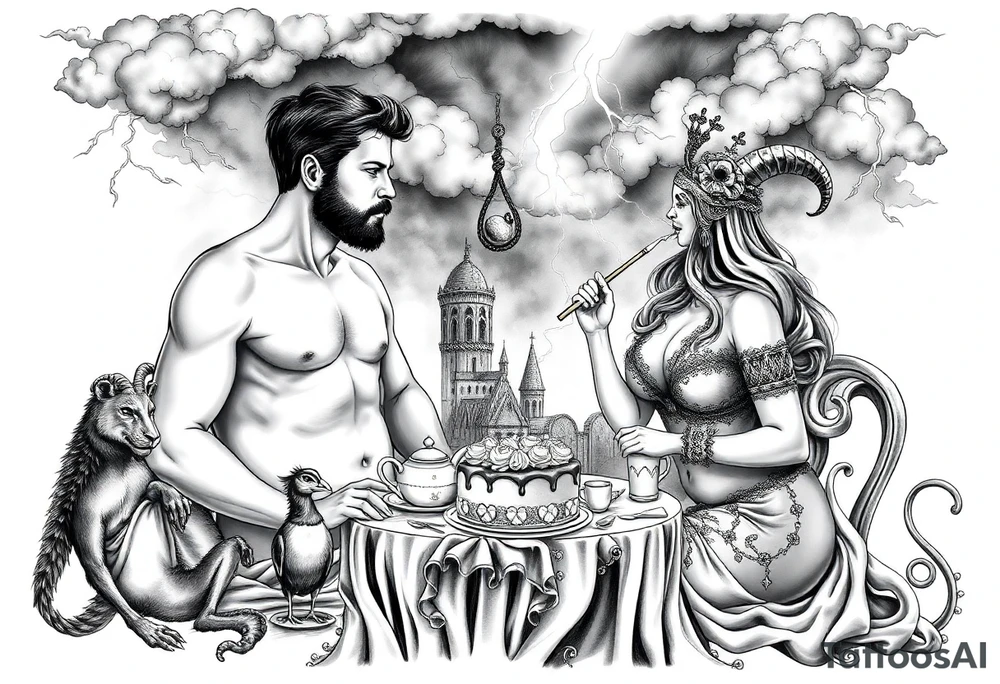 Naked Man and woman eating cake  having sex Storm lightening clouds gothic sexy naked fat lady having a tea party with tea pot and medieval castle
with a pigglets, peacock, noose, lion, goat, smoking cigerettes looking in the mirror thru storm clouds with razor blades and broken hearts and darkness and wrath, envy , gluttony, greed, sloth, pride kill tattoo idea