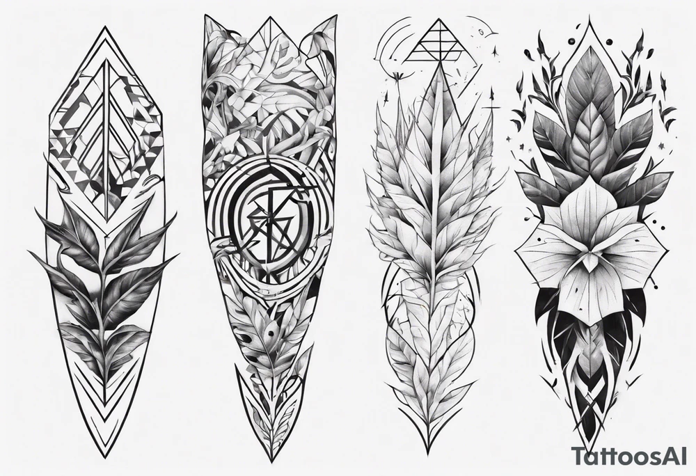 full arm tattoo. pointy leaves combined with geometric shapes. whole arm tattoo idea