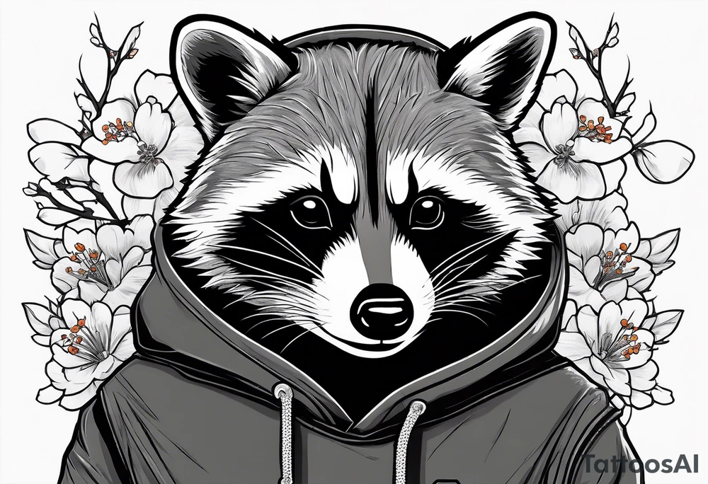 Raccoon wearing a white Superman logo on a black hoodie and orange Japanese cherry blossoms tattoo idea
