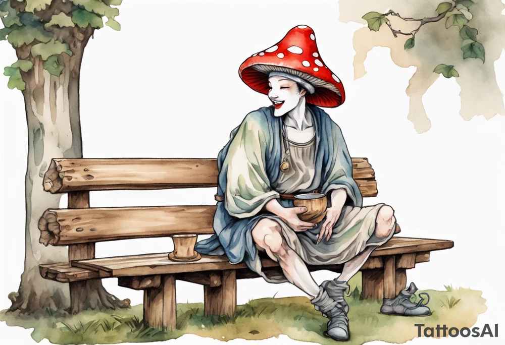 a mushroom person wearing a mushroom hat wearing a medieval tunic drinking from a wood cup, sitting on a bench laughing tattoo idea