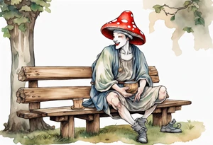 a mushroom person wearing a mushroom hat wearing a medieval tunic drinking from a wood cup, sitting on a bench laughing tattoo idea