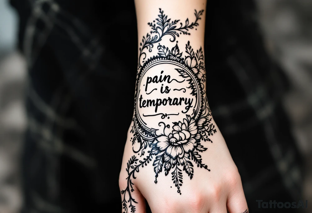 Indian style Henna tattoo for the inner wrist including words pain is temporary and make it taller than it is wide and have it flowing tattoo idea