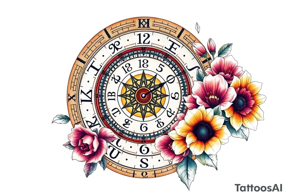 zodiac symbols and Norse runes within ornate clockwork mechanism with roses lilly sunflowers tattoo idea