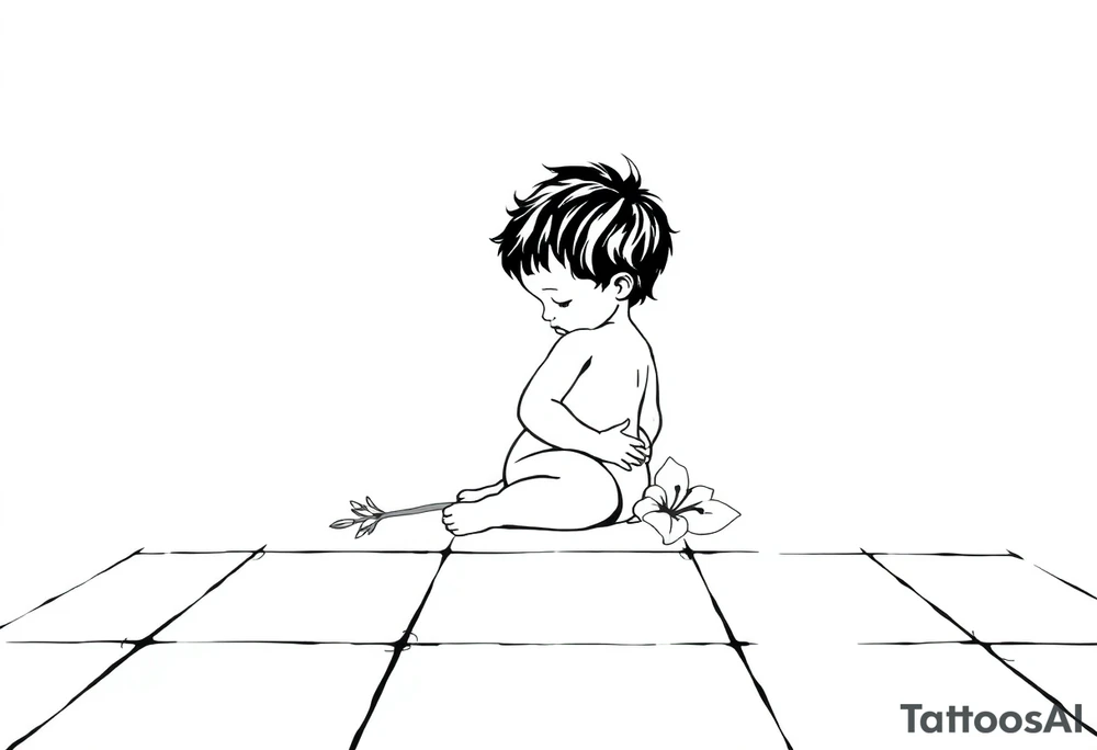 A simple tile floor with a minimalist outline of a curled child sitting on the floor with a lily next to her tattoo idea