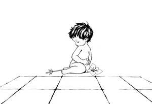 A simple tile floor with a minimalist outline of a curled child sitting on the floor with a lily next to her tattoo idea